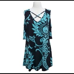 Paisley Grace Black Teal Floral Design Cold Shoulder Tunic or Dress, M
